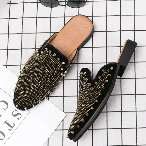 Men's Black Studded Slip-On Loafers – Rhinestone Embellished Mules with Bold Design for Party and Evening Wear