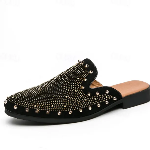 Men's Black Studded Slip-On Loafers – Rhinestone Embellished Mules with Bold Design for Party and Evening Wear