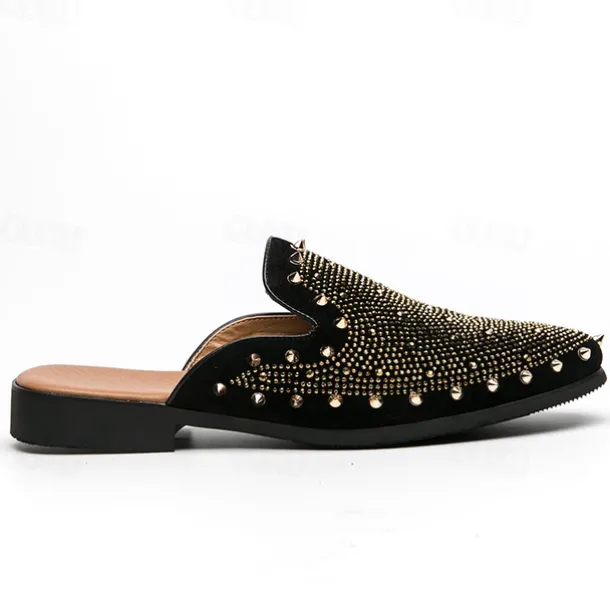 Men's Black Studded Slip-On Loafers – Rhinestone Embellished Mules with Bold Design for Party and Evening Wear