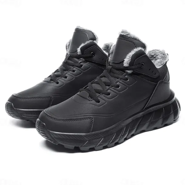 Men's Black Winter Snow Boots – Waterproof, Fur-Lined, Lace-Up Outdoor Hiking Shoes with Non-Slip Sole for Cold Weather