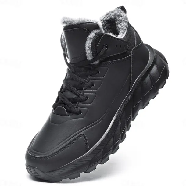 Men's Black Winter Snow Boots – Waterproof, Fur-Lined, Lace-Up Outdoor Hiking Shoes with Non-Slip Sole for Cold Weather