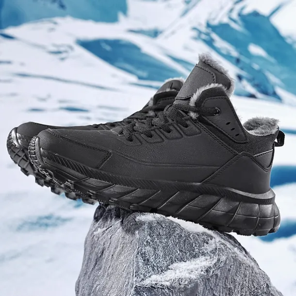 Men's Black Winter Snow Boots – Waterproof, Fur-Lined, Lace-Up Outdoor Hiking Shoes with Non-Slip Sole for Cold Weather