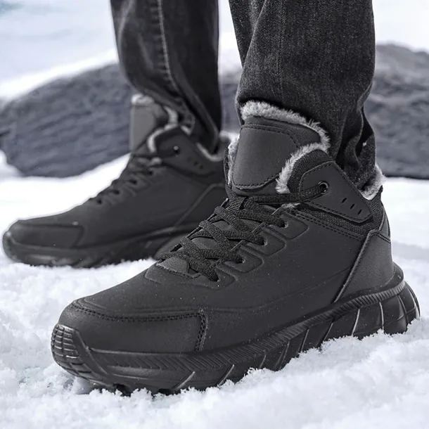 Men's Black Winter Snow Boots – Waterproof, Fur-Lined, Lace-Up Outdoor Hiking Shoes with Non-Slip Sole for Cold Weather