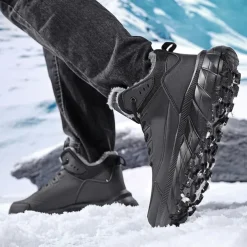 Men's Black Winter Snow Boots – Waterproof, Fur-Lined, Lace-Up Outdoor Hiking Shoes with Non-Slip Sole for Cold Weather