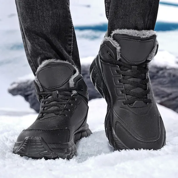 Men's Black Winter Snow Boots – Waterproof, Fur-Lined, Lace-Up Outdoor Hiking Shoes with Non-Slip Sole for Cold Weather