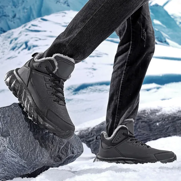 Men's Black Winter Snow Boots – Waterproof, Fur-Lined, Lace-Up Outdoor Hiking Shoes with Non-Slip Sole for Cold Weather