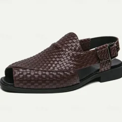 Men's Black Woven Leather Sandals - Stylish Open-Toe Slingback Shoes with Buckle Strap
