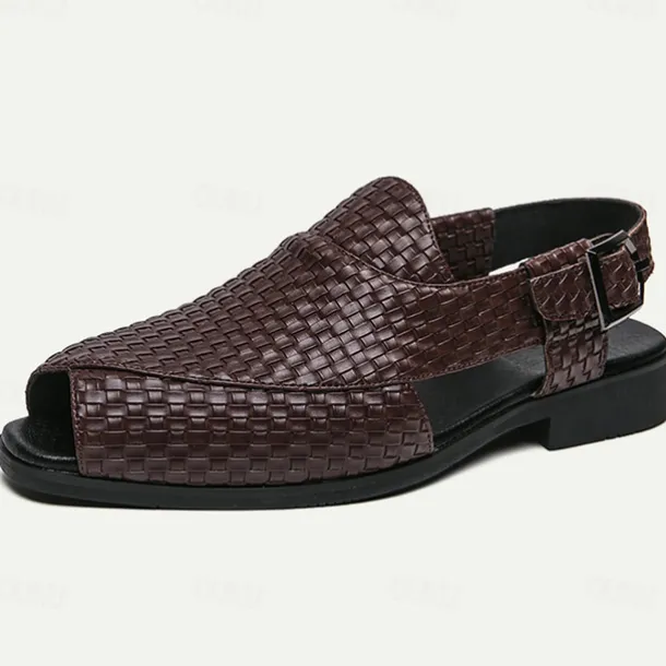 Men's Black Woven Leather Sandals - Stylish Open-Toe Slingback Shoes with Buckle Strap