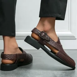 Men's Black Woven Leather Sandals - Stylish Open-Toe Slingback Shoes with Buckle Strap