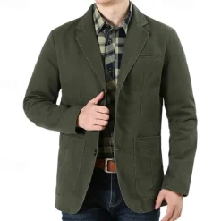 Men's Blazer Business Cocktail Party Wedding Party Fashion Casual Spring & Fall 100% Cotton Solid Color Pocket Buttons Comfortable Single Breasted Blazer Black Green khaki