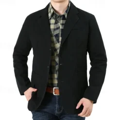 Men's Blazer Business Cocktail Party Wedding Party Fashion Casual Spring & Fall 100% Cotton Solid Color Pocket Buttons Comfortable Single Breasted Blazer Black Green khaki