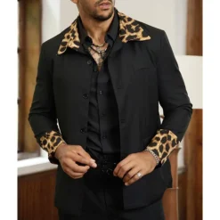 Men's Blazer Business Cocktail Party Wedding Party Fashion Casual Spring & Fall 65% Cotton Leopard Pocket Buttons Comfortable Single Breasted Blazer Black