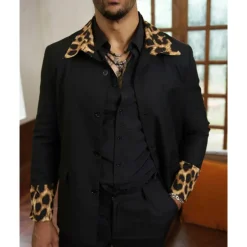 Men's Blazer Business Cocktail Party Wedding Party Fashion Casual Spring & Fall 65% Cotton Leopard Pocket Buttons Comfortable Single Breasted Blazer Black