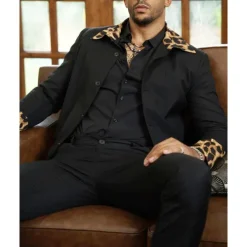 Men's Blazer Business Cocktail Party Wedding Party Fashion Casual Spring & Fall 65% Cotton Leopard Pocket Buttons Comfortable Single Breasted Blazer Black