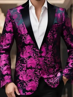 Men's Blazer Business Cocktail Party Wedding Party Party Spring & Fall Polyester Bronzing Pocket Buttons Comfortable Single Breasted Blazer Red Blue Purple Gold
