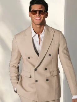 Men's Blazer Formal Wedding Party Lined Daily Party Spring & Fall Autumn / Fall Polyester Solid Color Button Thermal Warm Comfy Double Breasted Blazer khaki