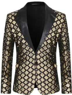 Men's Blazer Jacket Blazer Peaked Lapel Party Sparkle Casual Print Silver Black Regular Fit