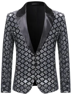 Men's Blazer Jacket Blazer Peaked Lapel Party Sparkle Casual Print Silver Black Regular Fit