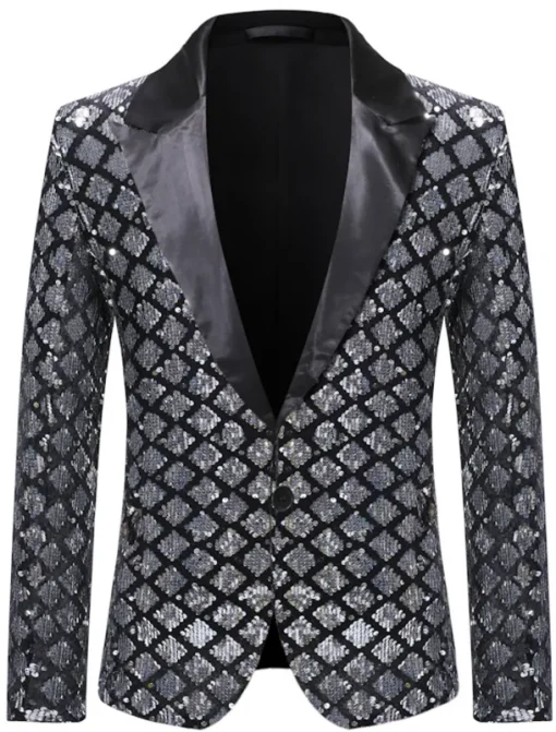 Men's Blazer Jacket Blazer Peaked Lapel Party Sparkle Casual Print Silver Black Regular Fit