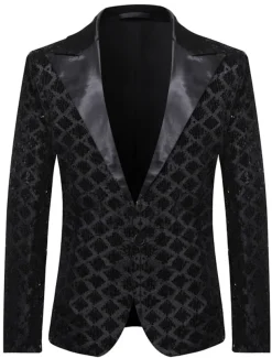 Men's Blazer Jacket Blazer Peaked Lapel Party Sparkle Casual Print Silver Black Regular Fit