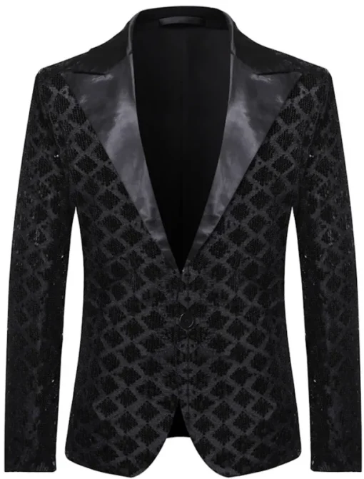 Men's Blazer Jacket Blazer Peaked Lapel Party Sparkle Casual Print Silver Black Regular Fit
