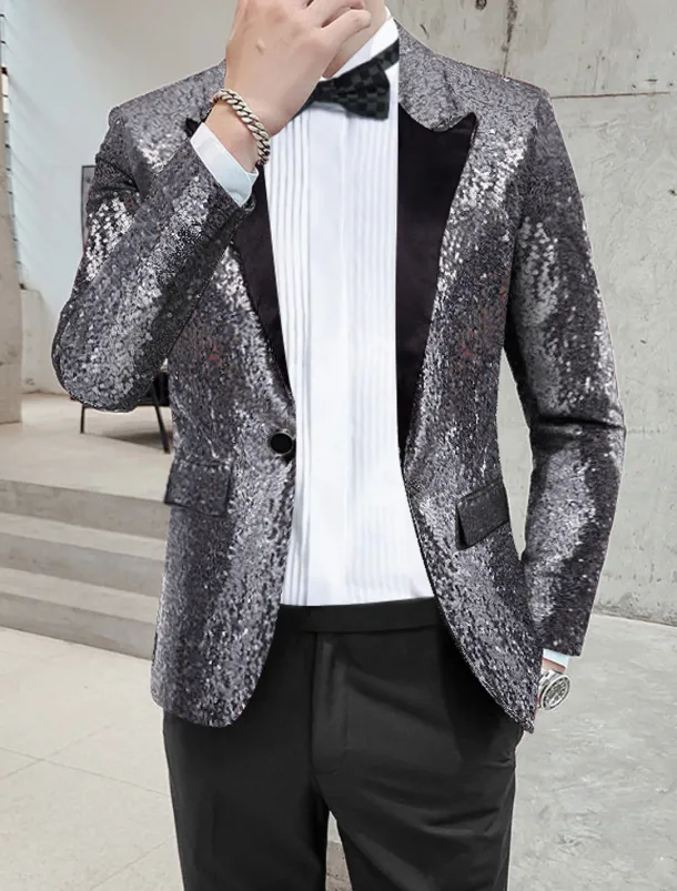 Men's Blazer Jacket Blazer Peaked Lapel Streetwear Party Sparkle Sequin Black Silver Blue Regular Fit