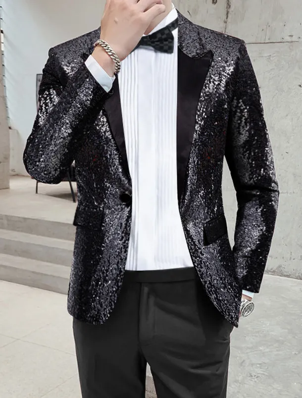 Men's Blazer Jacket Blazer Peaked Lapel Streetwear Party Sparkle Sequin Black Silver Blue Regular Fit