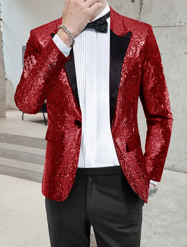 Men's Blazer Jacket Blazer Peaked Lapel Streetwear Party Sparkle Sequin Black Silver Blue Regular Fit