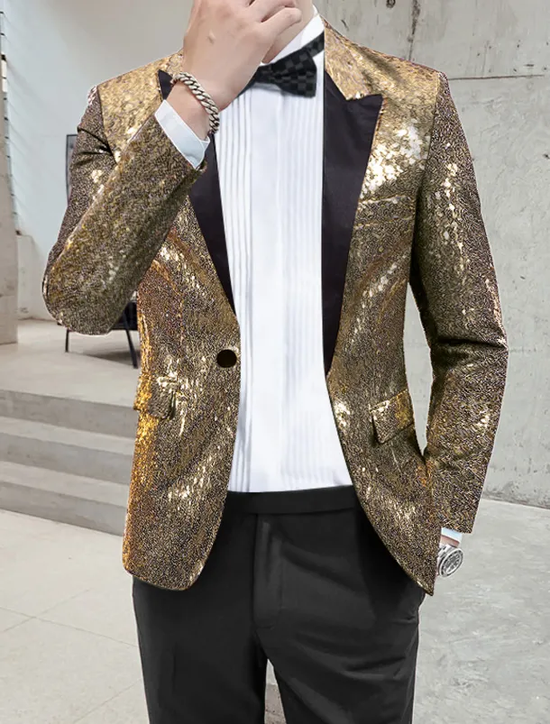 Men's Blazer Jacket Blazer Peaked Lapel Streetwear Party Sparkle Sequin Black Silver Blue Regular Fit