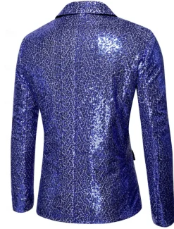 Men's Blazer Jacket Blazer Peaked Lapel Streetwear Party Sparkle Sequin Black Silver Blue Regular Fit