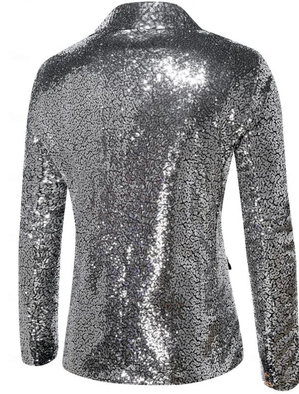 Men's Blazer Jacket Blazer Peaked Lapel Streetwear Party Sparkle Sequin Black Silver Blue Regular Fit