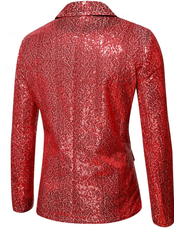 Men's Blazer Jacket Blazer Peaked Lapel Streetwear Party Sparkle Sequin Black Silver Blue Regular Fit