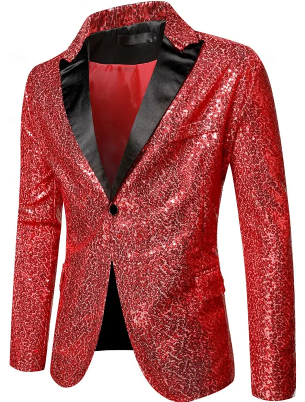 Men's Blazer Jacket Blazer Peaked Lapel Streetwear Party Sparkle Sequin Black Silver Blue Regular Fit