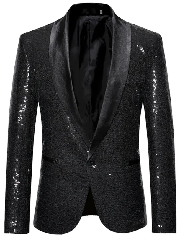 Men's Blazer Jacket Blazer Shawl Collar Party Sparkle Casual Solid Colored Silver Black Wine Regular Fit Single Breasted One-button