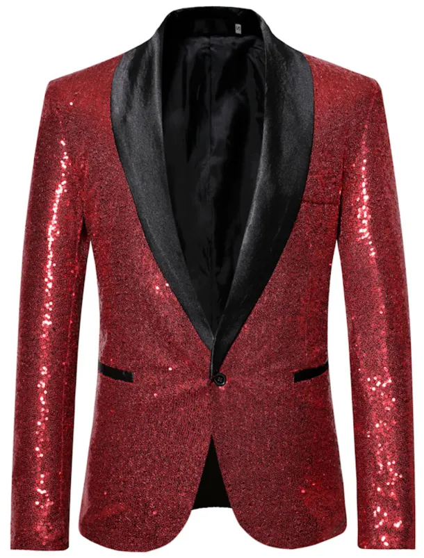 Men's Blazer Jacket Blazer Shawl Collar Party Sparkle Casual Solid Colored Silver Black Wine Regular Fit Single Breasted One-button
