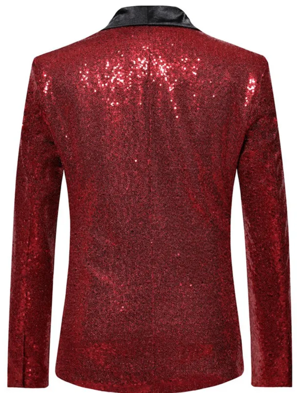 Men's Blazer Jacket Blazer Shawl Collar Party Sparkle Casual Solid Colored Silver Black Wine Regular Fit Single Breasted One-button