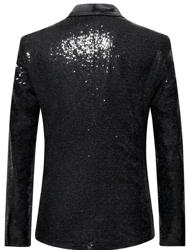 Men's Blazer Jacket Blazer Shawl Collar Party Sparkle Casual Solid Colored Silver Black Wine Regular Fit Single Breasted One-button