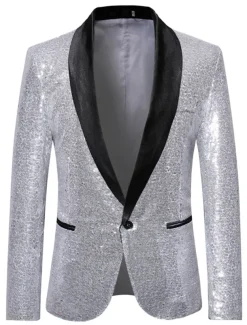 Men's Blazer Jacket Blazer Shawl Collar Party Sparkle Casual Solid Colored Silver Black Wine Regular Fit Single Breasted One-button