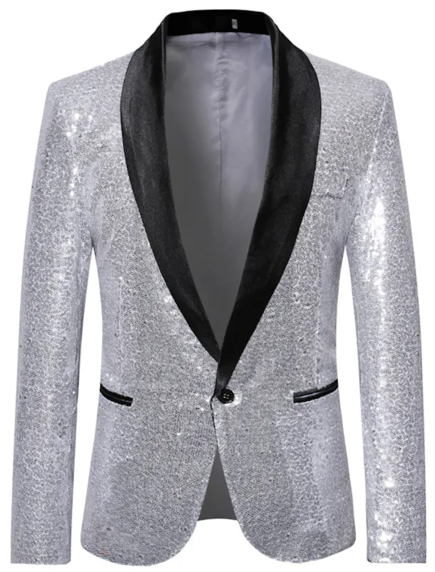 Men's Blazer Jacket Blazer Shawl Collar Party Sparkle Casual Solid Colored Silver Black Wine Regular Fit Single Breasted One-button