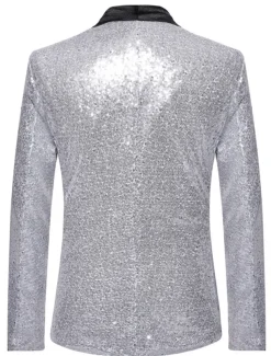 Men's Blazer Jacket Blazer Shawl Collar Party Sparkle Casual Solid Colored Silver Black Wine Regular Fit Single Breasted One-button