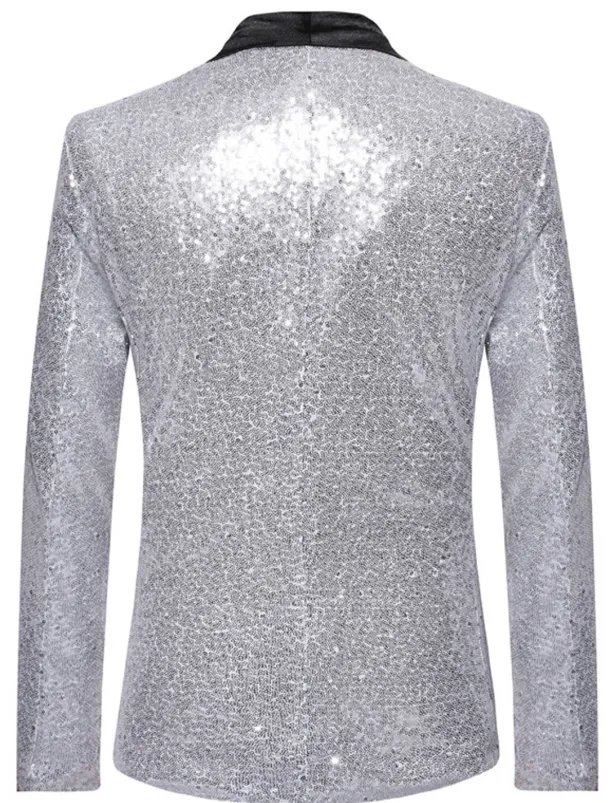 Men's Blazer Jacket Blazer Shawl Collar Party Sparkle Casual Solid Colored Silver Black Wine Regular Fit Single Breasted One-button