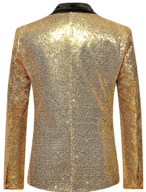 Men's Blazer Jacket Blazer Shawl Collar Party Sparkle Casual Solid Colored Silver Black Wine Regular Fit Single Breasted One-button