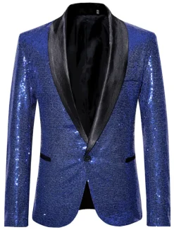 Men's Blazer Jacket Blazer Shawl Collar Party Sparkle Casual Solid Colored Silver Black Wine Regular Fit Single Breasted One-button