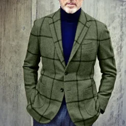 Men's Blazer Jacket Business Evening Party Daily Wear Pocket Fall Winter Polyester Plaid Check Artistic Style Warm Single Breasted Two-button Blazer Black Brown Green