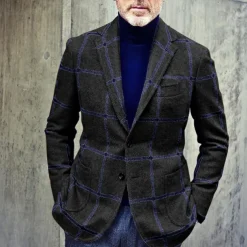 Men's Blazer Jacket Business Evening Party Daily Wear Pocket Fall Winter Polyester Plaid Check Artistic Style Warm Single Breasted Two-button Blazer Black Brown Green