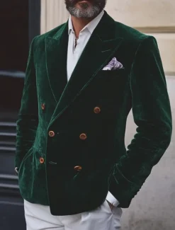 Men's Blazer Jacket Closure collar Vintage Party Velvet Solid Colored Blazer Burgundy Green Standard Fit Double Breasted Four-buttons