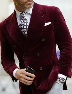 Men's Blazer Jacket Closure collar Fashion Casual Solid Colored Black Burgundy Royal Blue Slim Fit Double Breasted Six-buttons