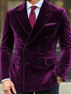 Men's Blazer Jacket Closure collar Christmas Vintage Velvet Solid Colored Blazer Red Purple Standard Fit Double Breasted Six-buttons