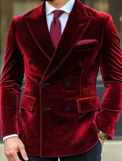Men's Blazer Jacket Closure collar Christmas Vintage Velvet Solid Colored Blazer Red Purple Standard Fit Double Breasted Six-buttons