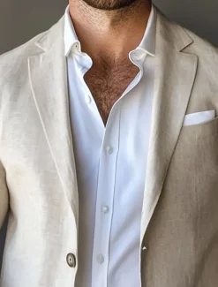Men's Blazer Jacket Linen Blazer Notch Collar Fashion Casual Solid Colored Blazer Beige Standard Fit Single Breasted Two-buttons